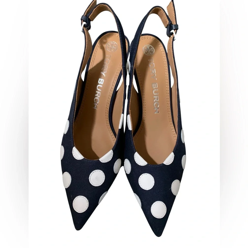 Tory Burch Navy and White Spenser Polka Dot Heels